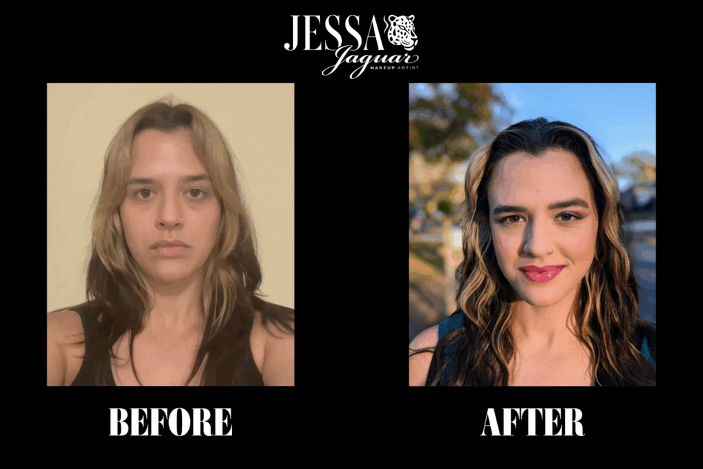 Side-by-side comparison of a client before and after professional makeup by Jessa Jaguar. The 'Before' shows a makeup-free face with natural lighting, while the 'After' reveals a soft glam look with even skin tone, defined brows, rosy cheeks, and pink lipstick, taken outdoors in golden hour light.