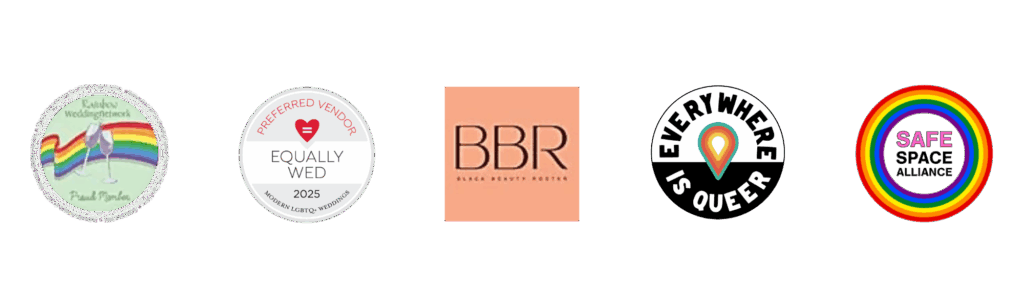 Row of five LGBTQIA+ inclusive badges: Rainbow Wedding Network Proud Member with rainbow and wine glasses, Equally Wed 2025 Preferred Vendor with red heart, Black Beauty Roster logo, Everywhere Is Queer with rainbow map pin, and Safe Space Alliance with rainbow circle and "SAFE" text.