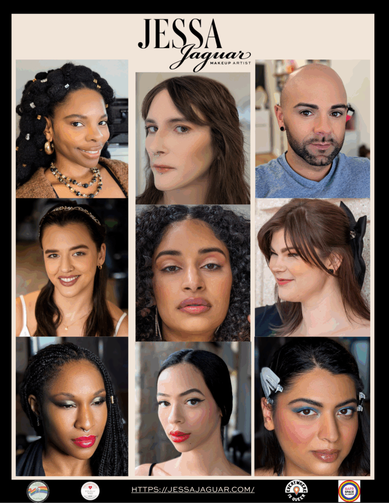A collage of nine diverse clients showcasing professionally done makeup by Jessa Jaguar, including individuals of various genders, ethnicities, skin tones, and ages. The banner highlights Jessa’s inclusive beauty artistry with visible logos for LGBTQ+ safety, certified queer-owned business, and a link to https://jessajaguar.com.