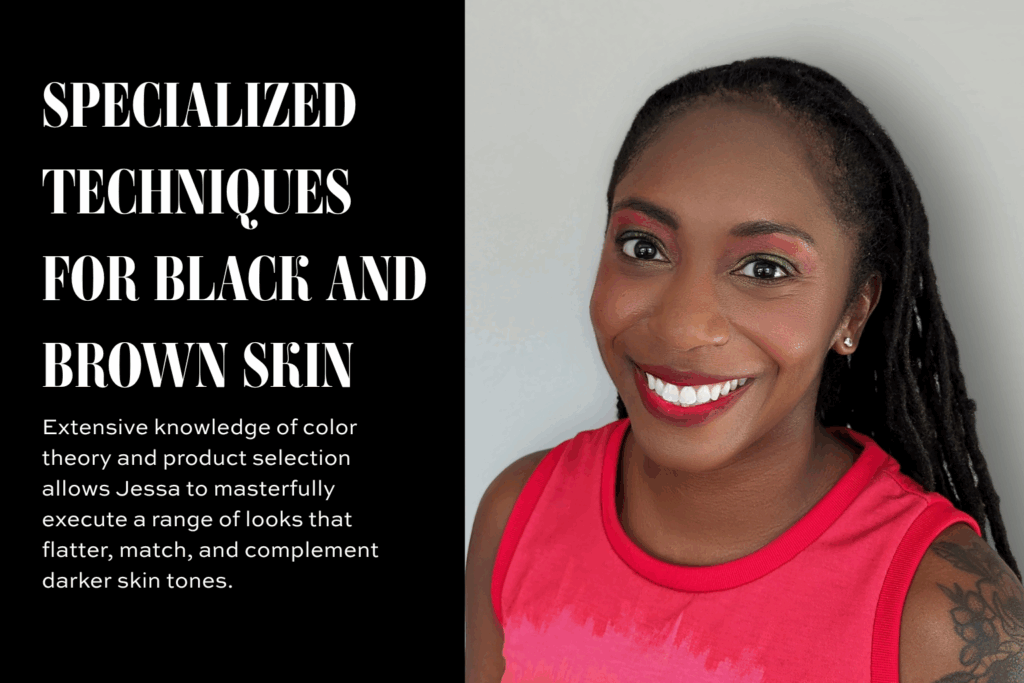 Smiling Black woman with dreadlocks and colorful eye makeup featuring green and pink tones, red lipstick, and glowing skin. The left side of the image reads “Specialized Techniques for Black and Brown Skin,” highlighting Jessa Jaguar’s expertise in color theory and product selection for deeper skin tones.